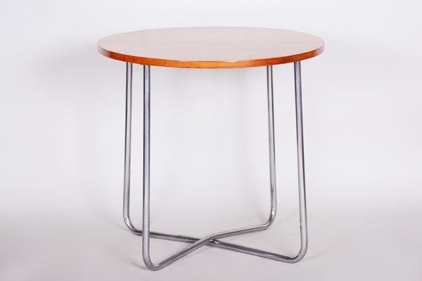 Bauhaus Round Tubular Chrome & Beech Coffee Table attributed to Vichr, 1930s-WHY-1767478