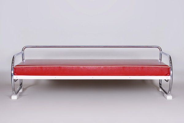 Bauhaus Sofa in Chrome-Plated Steel and Red Leather attributed to Robert Slezák, Former Czechoslovakia, 1950s-WHY-1776756