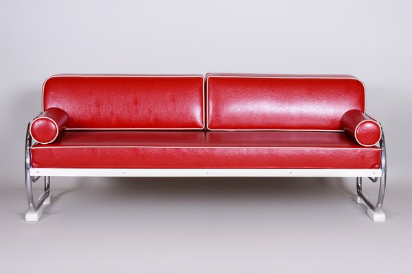 Bauhaus Sofa in Chrome-Plated Steel and Red Leather attributed to Robert Slezák, Former Czechoslovakia, 1950s-WHY-1776756