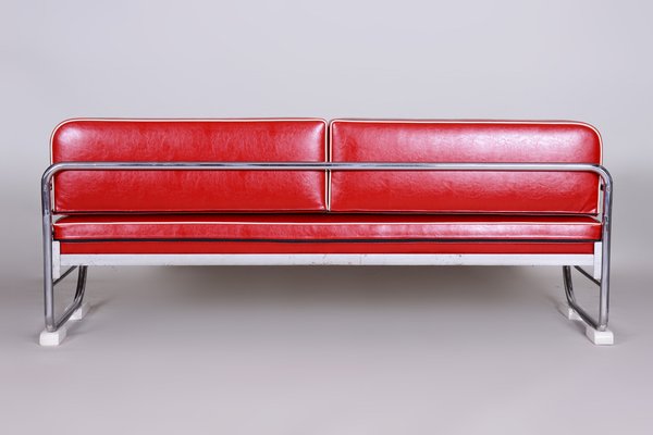 Bauhaus Sofa in Chrome-Plated Steel and Red Leather attributed to Robert Slezák, Former Czechoslovakia, 1950s-WHY-1776756