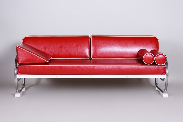 Bauhaus Sofa in Chrome-Plated Steel and Red Leather attributed to Robert Slezák, Former Czechoslovakia, 1950s-WHY-1776756