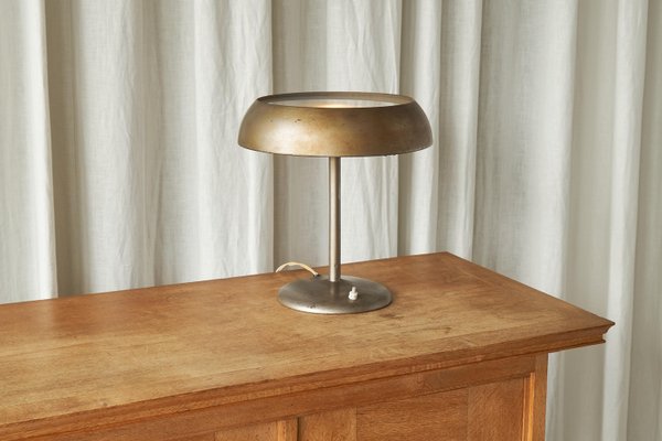 Bauhaus Style Table Lamp in Patinated Metal and Satin Glass, 1940s-FEW-2024217