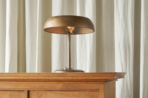 Bauhaus Style Table Lamp in Patinated Metal and Satin Glass, 1940s-FEW-2024217