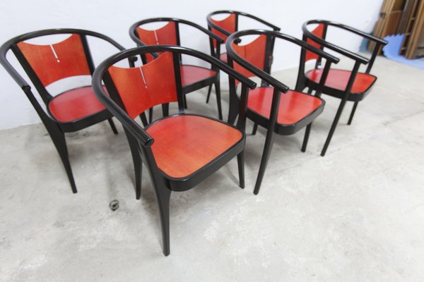 Baumann Armchairs Model Diese in Colour Wengé and Red from Pagnon Pelhaître, Set of 6-VQY-1744130