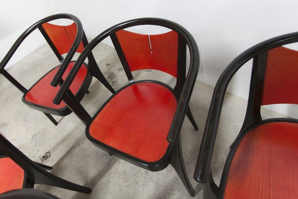 Baumann Armchairs Model Diese in Colour Wengé and Red from Pagnon Pelhaître, Set of 6-VQY-1744130