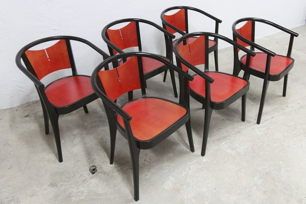 Baumann Armchairs Model Diese in Colour Wengé and Red from Pagnon Pelhaître, Set of 6-VQY-1744130