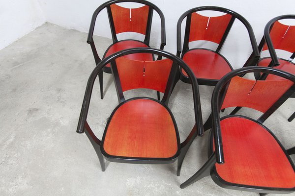 Baumann Armchairs Model Diese in Colour Wengé and Red from Pagnon Pelhaître, Set of 6-VQY-1744130