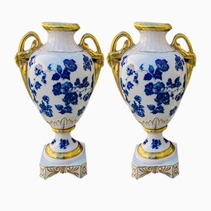 Bavarian Amphora Shaped Vases in White & Gold Porcelain with Handmade Blue Floral Decorations & Golden Swan Neck-Shaped Handles, Set of 2-ZFY-1756875