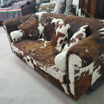 Baxter Brown and White Cow Fur Leather Sofa with Pillows, Italy, 1990s-XDW-1801542