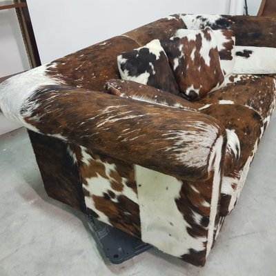 Baxter Brown and White Cow Fur Leather Sofa with Pillows, Italy, 1990s-XDW-1801542