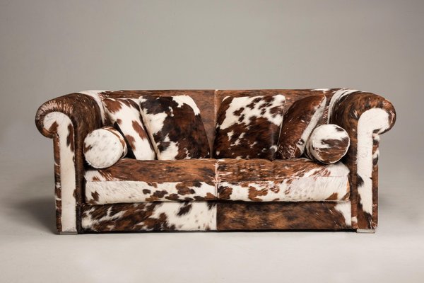 Baxter Brown and White Cow Fur Leather Sofa with Pillows, Italy, 1990s-XDW-1801542