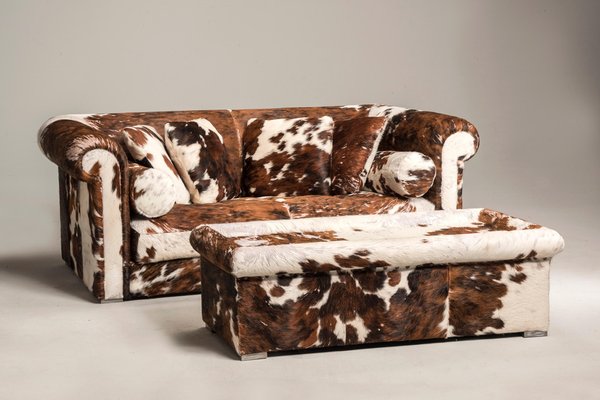 Baxter Brown and White Cow Fur Leather Sofa with Pillows, Italy, 1990s-XDW-1801542