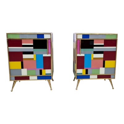 Bedside Cabinets in Wood and Multicolored Glass, 1980s, Set of 2-BEW-1789194