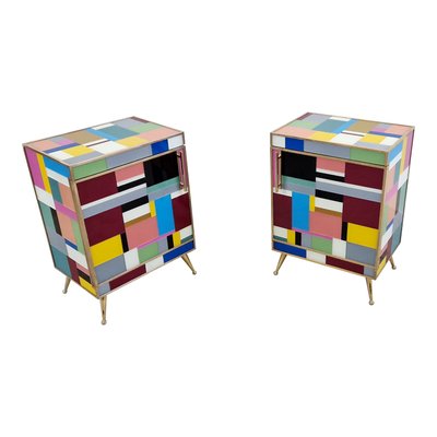 Bedside Cabinets in Wood and Multicolored Glass, 1980s, Set of 2-BEW-1789194