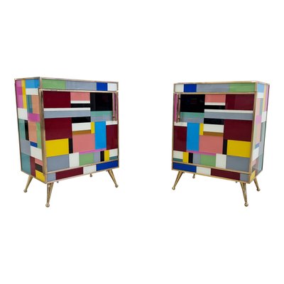 Bedside Cabinets in Wood and Multicolored Glass, 1980s, Set of 2-BEW-1789194