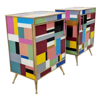 Bedside Cabinets in Wood and Multicolored Glass, 1980s, Set of 2-BEW-1789194