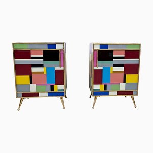 Bedside Cabinets in Wood and Multicolored Glass, 1980s, Set of 2-BEW-1789194