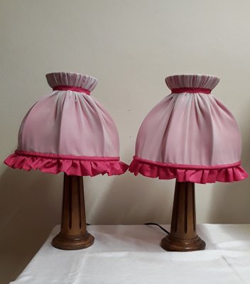 Bedside Lamps with Turned Walnut Bases and Pink Fabric Shades, 1900s, Set of 2-HOI-1736814