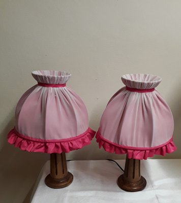 Bedside Lamps with Turned Walnut Bases and Pink Fabric Shades, 1900s, Set of 2-HOI-1736814