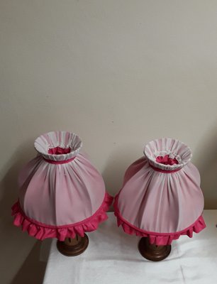 Bedside Lamps with Turned Walnut Bases and Pink Fabric Shades, 1900s, Set of 2-HOI-1736814