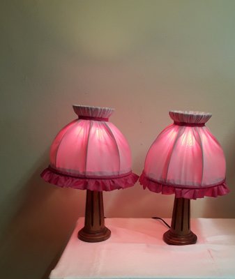 Bedside Lamps with Turned Walnut Bases and Pink Fabric Shades, 1900s, Set of 2-HOI-1736814