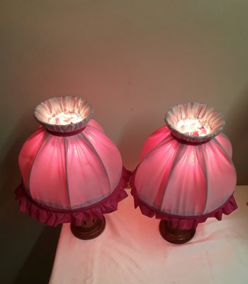 Bedside Lamps with Turned Walnut Bases and Pink Fabric Shades, 1900s, Set of 2-HOI-1736814