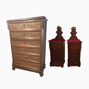 Bedside Tables and Chest of Drawers in Walnut, 19th Century, Set of 3-BZF-1787688