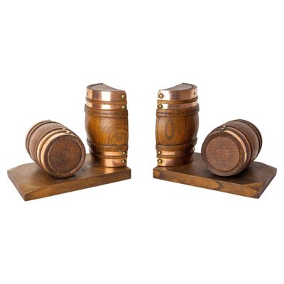 Beech and Copper Barrel Bookends, France, 1940s, Set of 2-RIU-1425749