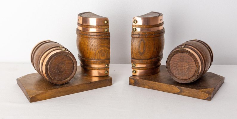 Beech and Copper Barrel Bookends, France, 1940s, Set of 2-RIU-1425749