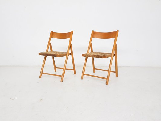 Beech and Rush Folding Chairs, 1960s, Set of 2-ZO-580181