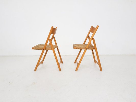 Beech and Rush Folding Chairs, 1960s, Set of 2-ZO-580181