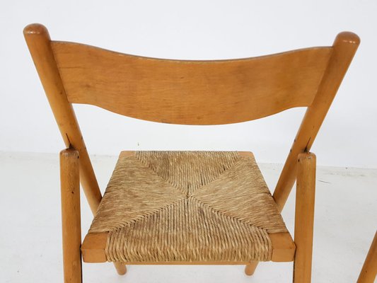 Beech and Rush Folding Chairs, 1960s, Set of 2-ZO-580181