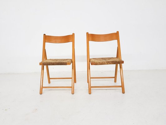 Beech and Rush Folding Chairs, 1960s, Set of 2-ZO-580181