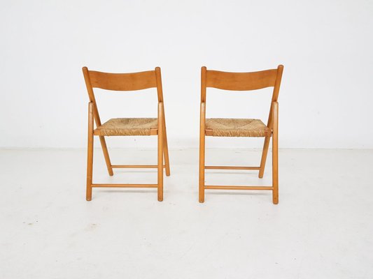 Beech and Rush Folding Chairs, 1960s, Set of 2-ZO-580181