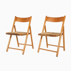 Beech and Rush Folding Chairs, 1960s, Set of 2-ZO-580181