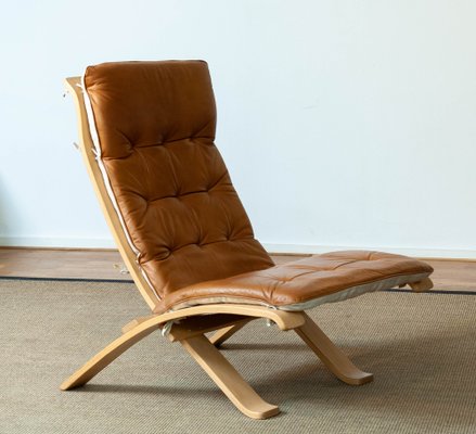 Beech Bentwood with Cognac Leather Folding Lounge Chair by Nelo for Nelo Möbel, Sweden, 1970s-JE-1345188