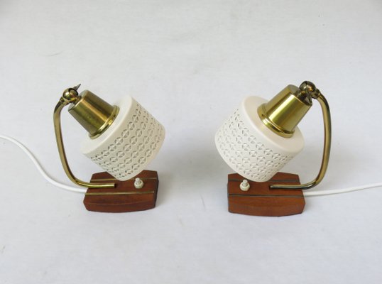 Beige Brass Teak Bedside Table Lights, 1950s, Set of 2-EY-1156466