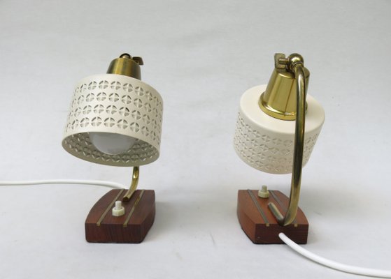 Beige Brass Teak Bedside Table Lights, 1950s, Set of 2-EY-1156466