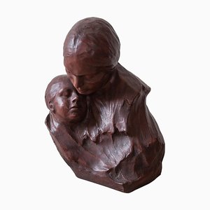 Belgian Art Deco Ceramic Bust of Mother and Child by Georges Wasterlain-KL-849239