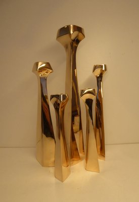 Belgian Brutalist Polished Bronze Candleholders, 1970s, Set of 5-AWL-885869