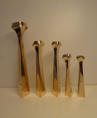 Belgian Brutalist Polished Bronze Candleholders, 1970s, Set of 5-AWL-885869