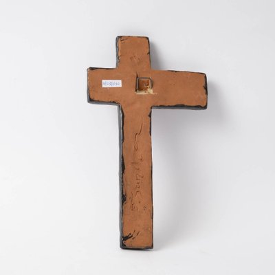 Belgian Ceramic Crucifix by f.sanchez from Perignem, 1960s-IXK-1313287