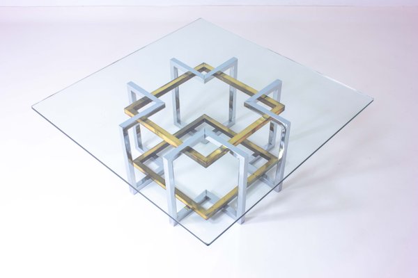 Belgian Geometrical Coffee Table in Brass and Chrome from Belgo Chrom, 1970s-LIO-1340542