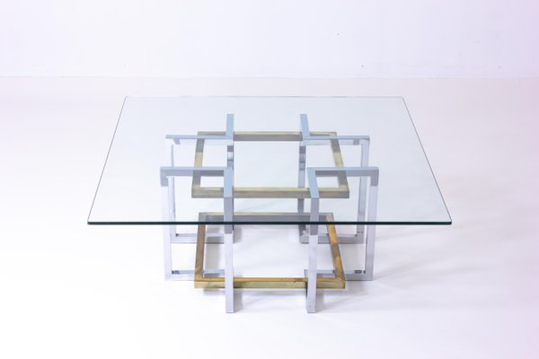 Belgian Geometrical Coffee Table in Brass and Chrome from Belgo Chrom, 1970s-LIO-1340542