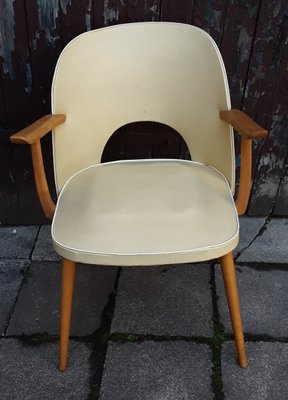 Berger-Shaped Armchair with Rounded Backrest in Light Beech with Yellow Vinyl & White Piping, 1960s-HOI-919608