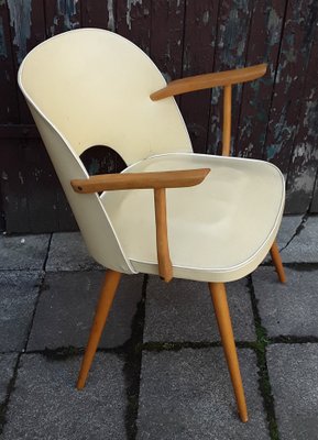 Berger-Shaped Armchair with Rounded Backrest in Light Beech with Yellow Vinyl & White Piping, 1960s-HOI-919608