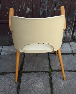 Berger-Shaped Armchair with Rounded Backrest in Light Beech with Yellow Vinyl & White Piping, 1960s-HOI-919608