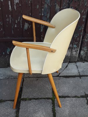 Berger-Shaped Armchair with Rounded Backrest in Light Beech with Yellow Vinyl & White Piping, 1960s-HOI-919608