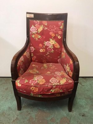 Bergère Chair in Red Upholstery & Walnut-HLV-1428820