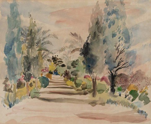 Bernadette Sers, Avenue of Cypresses, 20th Century, Watercolor on Paper, Framed-QKG-1738405